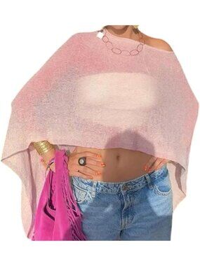 Women's Pink Sheer Poncho Top Knit Crochet Lightweight See Through Shawl